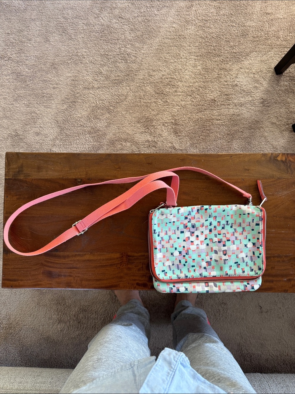 Fossil Mint Geo Crossbody with Coral Pink Strap